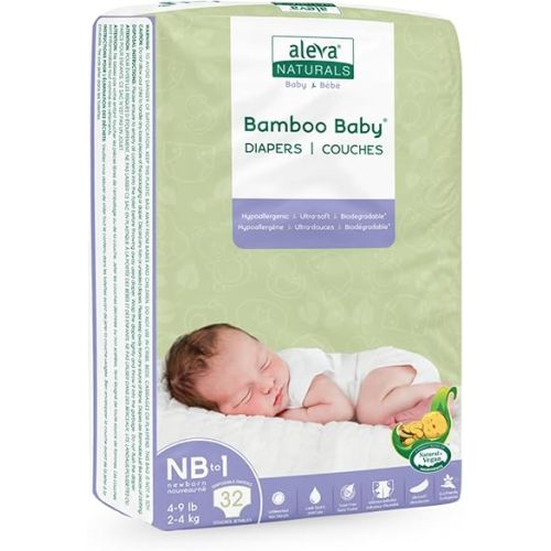 Aleva Naturals Hypoallergenic Bamboo Baby Diapers for Newborn, Ultra Soft, Sensitive Skin Friendly, Biodegradable, Disposable - Size Newborn to 1 (4-9 lbs / 2-4kg), 32 Count