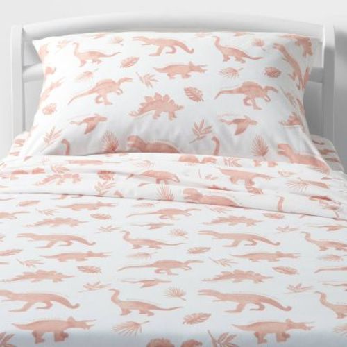 Toddler Dinosaur Cotton Kids' Sheet Set Pink - Pillowfort™: Standard Crib/toddler Bedding, Oeko-tex Certified, 3 Pieces