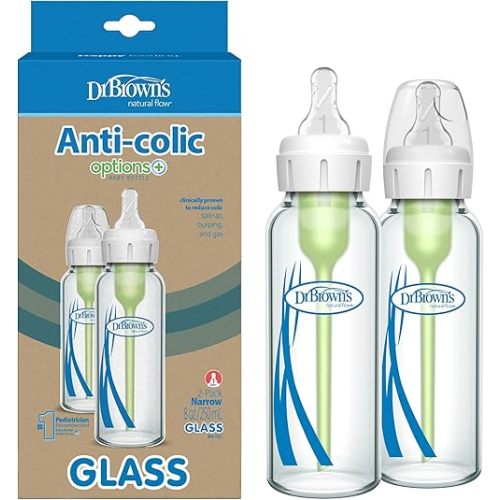 Dr. Brown's Anti-Colic Options+ Narrow Glass Baby Bottle with Level 1 Slow Flow Nipple, BPA-Free, 8 oz/250 mL, 2-Pack
