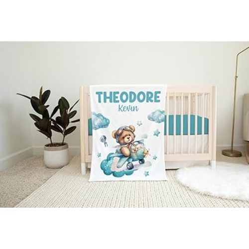 Boy Bear Pilot Personalized Airplane Baby Blanket - New Baby Gift, Teddy Bear