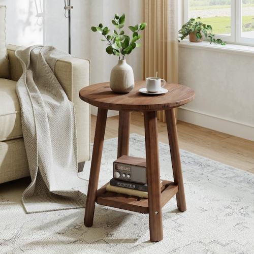 Kerlin 19.7 in. Brown Round 2-Tier Solid Wood End Table Side Table Nightstand with Storage for Living Room, Bedroom