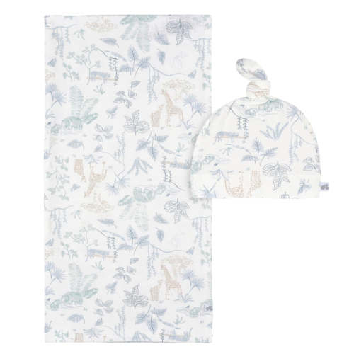 2-Piece Baby Boys Ivory Blue Palms Swaddle Blanket & Hat Set – Gerber Childrenswear