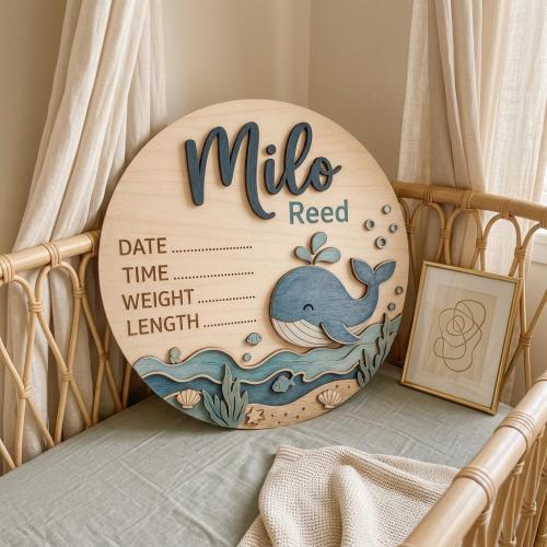 Baby Birth Record Sign, Personalized Wooden Whale Nursery Plaque, Ocean Baby Announcement Decor, Newborn Milestone Gift, Nursery Art
