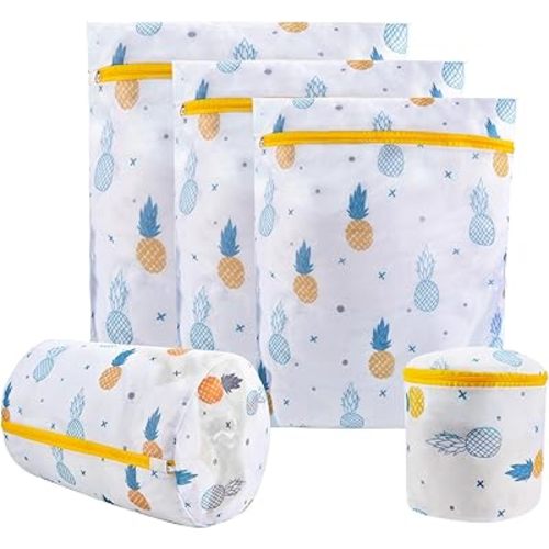 Mesh Laundry Bag, Durable Laundry Bags with Premium Zipper, 5-Piece Washing Machine Wash Bags for Delicates Blouse, Hosiery, Baby Clothes, Travel Organization Bag (Pineapple)