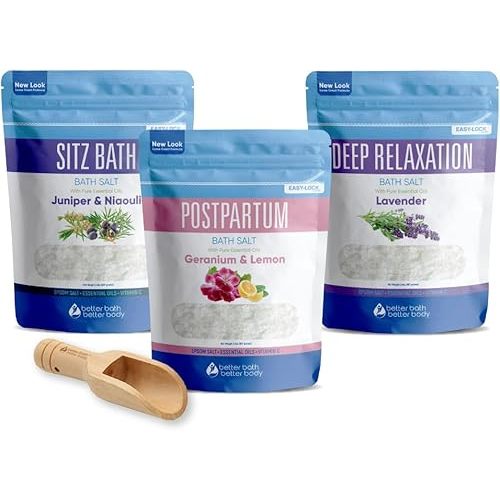 Postpartum Bath Bundle (3 Pack of 2 Lbs Total 6 Lbs with Scoop) Soothing Soaks with Sitz Salt and Deep Relaxation Bath Salt with Natural Pure Essential Oils in BPA Free Pouch Made in USA