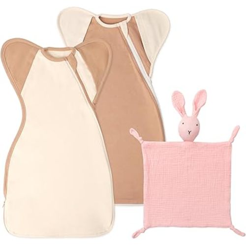 Swaddle Blanket Sleep Sack with Arms Up Design 2 Packs 0-3 Months, Organic Cotton Bunny Loveys Soft & Breathable Newborn Security Blanket