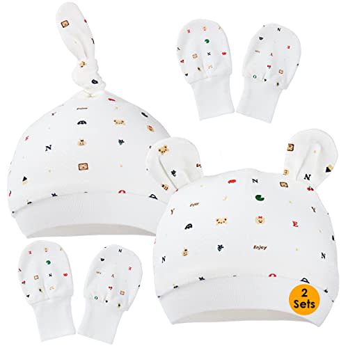 1 one enjoy 2 Sets Newborn Baby hat and Mittens,Baby Caps and Baby Scratch Mittens Gloves, Baby Beanie hat and Mittens for Baby Girls Boys (0-6 Months)