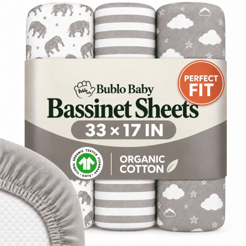Bublo Baby 3-Piece Gray Jersey Cotton Bed Sheet Set for Bassinet, 30 Thread Count, Universal Fit