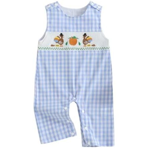 My First Thanksgiving Baby Boy Outfit Newborn Turkey Romper Plaid Smocked Jumpsuit Overalls Cute Fall Clothes