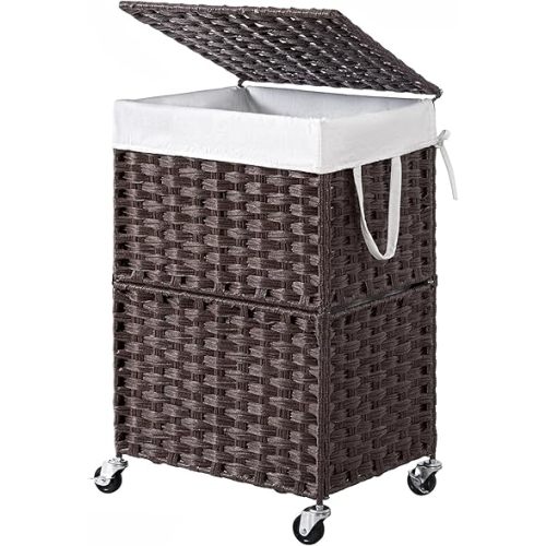 Chrislley 90L Slim Laundry Hamper with Wheels, Rolling Laundry Basket with Lid and Renovable Liner Bag, Handwoven Rattan Organizer for bedroom, bathroom, laundry room (Brown)