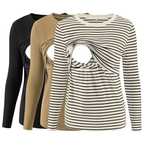 Liu & Qu Women's Nursing Tops Ribbed Long Sleeves Maternity Shirts Double Layer Breastfeeding Shirts Pregnancy Clothes 3 Pack