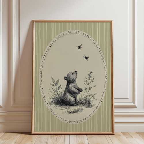 Woodland Bear And Bees Nursery Art Print, Neutral Vintage Style, Baby Room Wall Decor