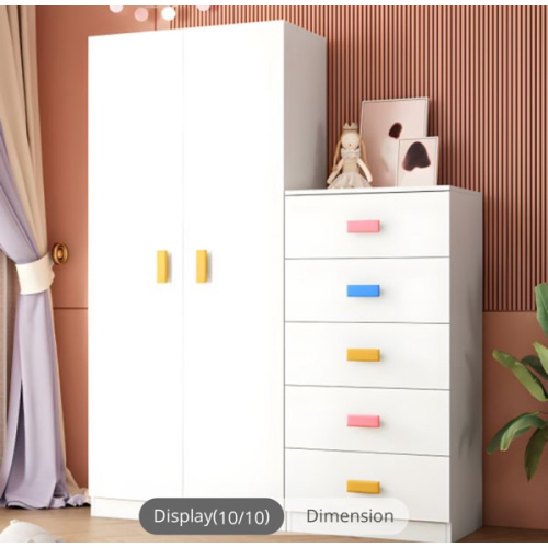 Pink Modern Kid's Wardrobe High Gloss 5-Drawer Coat Locker with Garment Rod - White 31"L x 16"W x 71"H Armoire with Side Cabinet
