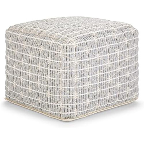 SIMPLIHOME Noreen Square Pouf - 18 inch Wide Upholstered Handwoven Cotton Ottoman in Light Blue and White, Boho Footstool or Extra Seating for Living Room with Polystyrene Filling, Assembled
