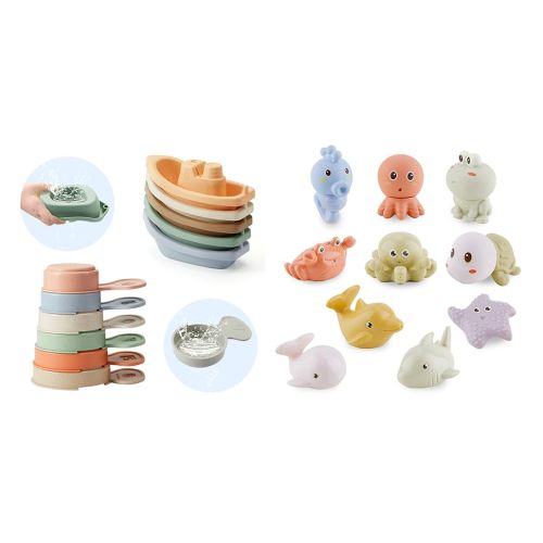 Bath Toys Floating Boats with Bathing Spoon11PC S and 10PCS Bath Squirt Toys Silicone Ocean Animals Bathtub Float Toy