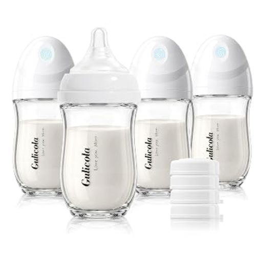 Gulicola Natural Glass Baby Bottle 4 Pack, Newborn Breastfeeding Bottles Set, Extra Slow Flow Nipples (SS), Anti Colic, 0 Months+, 5 oz - White