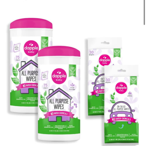 All Purpose Wipes by Dapple Baby, Hypoallergenic Cleaning Wipes Powered by Plants, Hint of Lavender, 75 Count Canister (Pack of 2) + 30 Count (Pack of 2)