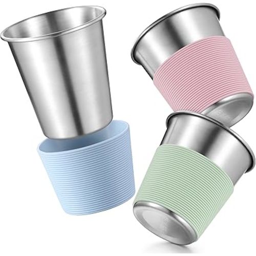 HaWare Stainless Steel Cups for Kids with Silicone Sleeves, Metal Tumbler, Toddler Cups, Camping Stainless Steel Cups, Stackable Durable Metal Drinking Glasses, Blue+Green+Pink