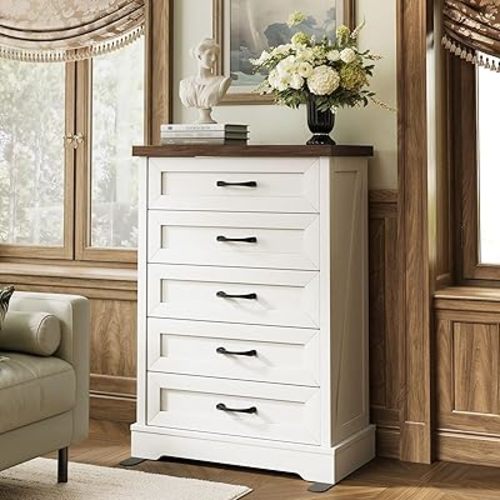 AODK Farmhouse 5-Drawer Dresser for Bedroom, Heavy-Duty Vertical Storage Chest with Extra Thick Boards & Metal Handles, Sturdy Tall Chest of Drawers, Anti-Tipping Safety Certified, White & Walnut