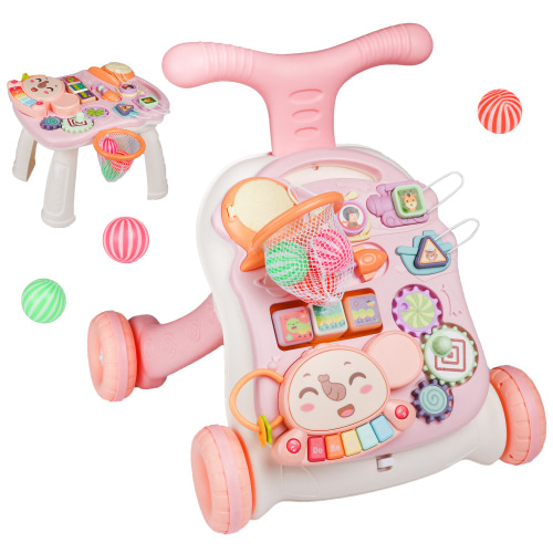 Beefunni Musical Baby Activity Center, Pink Baby Walker & Learning Table Sit To Stand for Boys Girls 6 Months up, Fun Educational Toy Christmas Gifts for Babies