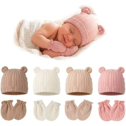 4 Pack Newborn Girl Hats and No Scratch Mittens Set 0-3 Months
