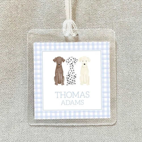 Personalized Watercolor Dog Bag Tag, Laminated Boy Luggage Tag, Gingham Diaper Bag Tag