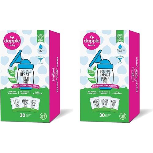 Breast Pump Wipes by Dapple Baby, Hypoallergenic & Powered by Plants, Removes Milk Residue, Leaves No Taste, Singles, Fragrance Free, 30 Count (Pack of 2)