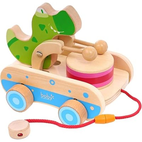 Baby Gift Wooden Toddler Pull Toy, Crocodile Drum Tapping Children's Toy, Baby dragging and Learning to Walk, Rope Traction Rope Crawling for Toddlers Ages 1+