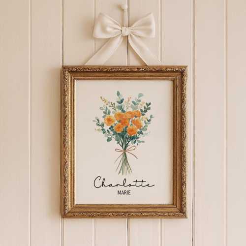 Personalized Marigold Nursery Print: October Birth Flower Art (Digital Download)