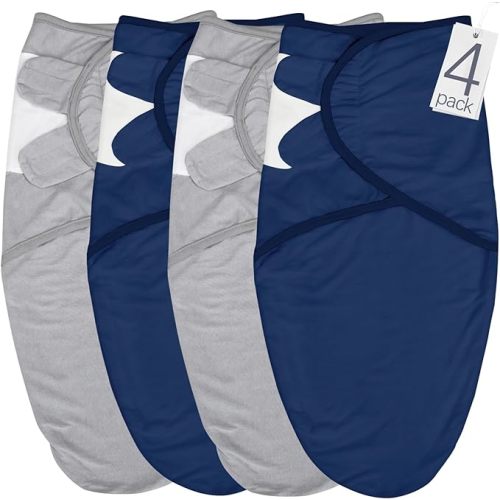Biloban Baby Swaddles 0-3 Months for Boy & Girl, Cotton Swaddle Blanket, Newborn Essentials, Grey & Navy, 4 Pack