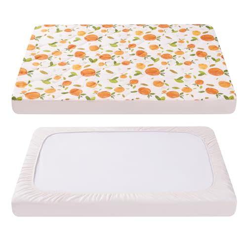 TILLYOU Pack and Play Sheet - Soft Quilted Crib Cover Pad, Toddlers Mattress Protector with 1''-3'' Deep Pocket, Thick Play Yard Playpen Sheets, Crib Mattress Pad, 39"x27", Orange Flavour