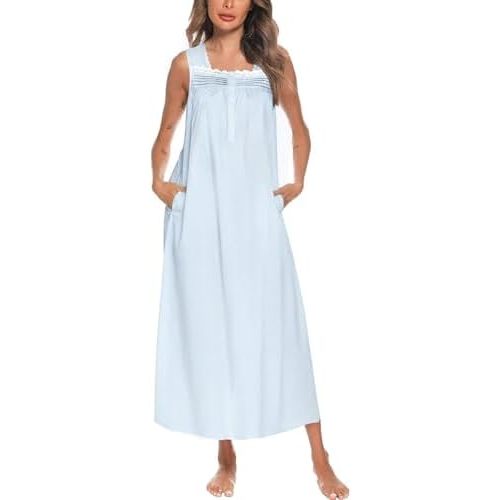 YOZLY 100% Cotton Nightgown for Women Sleeveless Lace Trim Sleep Dress with Pockets Button Front Lounge Nightie