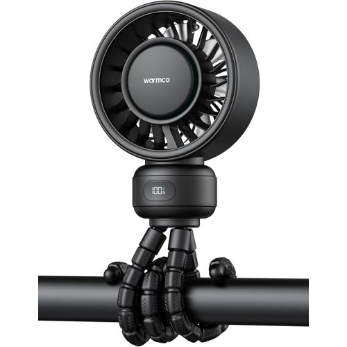 Warmco Portable Stroller Fan, 4000mAh Rechargeable Clip On Fan with Flexible Tripod (Up to 15H), 4 Speeds, LED Display, Detachable Front Grille, Quiet Operation, for Car Seat, Crib & Treadmill