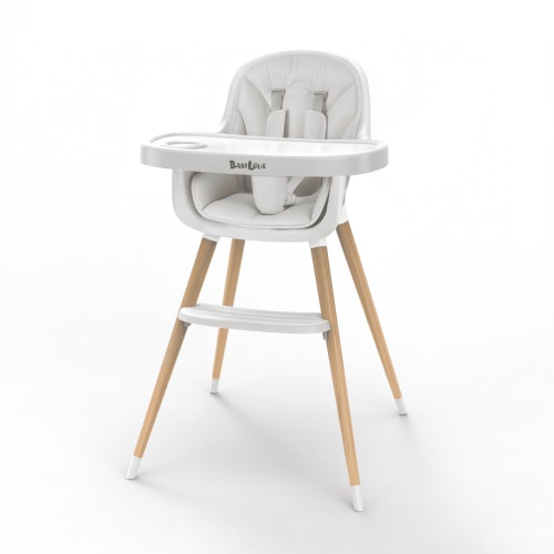 Babilous Baby High Chair, Wooden Highchair with Removable Tray, Adjustable Legs, Cushion, 5-Point Harness and Footrest for Infants, Baby, Toddlers, Gray