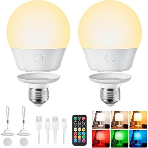 Brightown E26 Rechargeable Light Bulb with Remote and Timer, Battery Backup Bulb for Sconces and Lamps, Magnetic Bulbs for Non-Hardwired Fixture, 3 Color Temperatures + 9 RGB Colors, Dimmable, 2 Pack