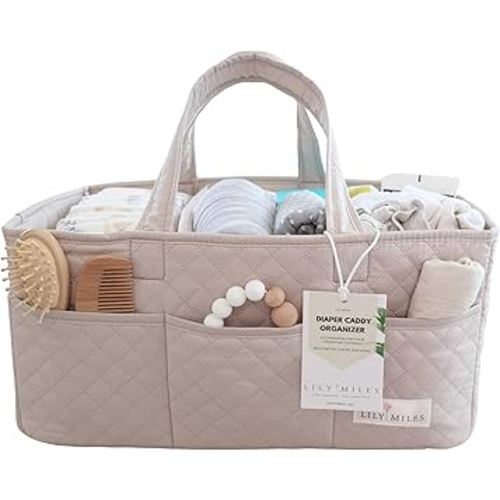 Lily Miles Baby Diaper Caddy Organizer, Quilted Nursery Storage Organizer for Newborn Essentials and Diaper Changing Station, Gift for Baby Shower and Registry Must-Have (Soft Sand)