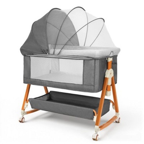 Kmaier Baby Bassinet Foldable Portable Bedside Crib,Storage Basket Breathable Mesh,Grey