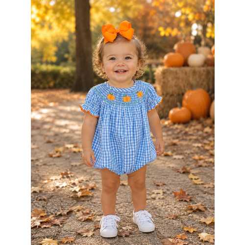 Smocked Pumpkin Bubble Romper in Blue Gingham - Halloween, Thanksgiving, Fall, Bishop style, Baby Girl, Pumpkin Patch, Vintage Style 528 *B