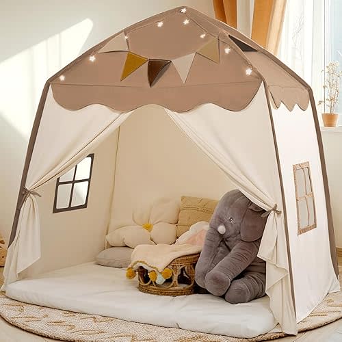 Little Dove Extra Large Kids Play Tent with Flags & Star Lights, Portable & Foldable Teepee Tents, Dome Tent Playhouse for Indoor & Outdoor Use, Kids Tent for Boys & Girls, 59x39x59 in, Brown