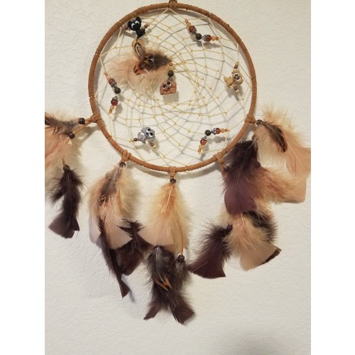 2085 - Puppy Dreamcatcher - 8" Brown Leather Wrapped Ring with Puppy Dog Charms with Brown and Beige Feathers
