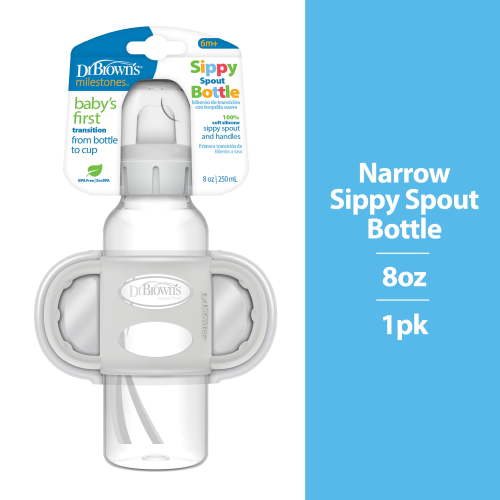 Dr. Brown's Milestones Narrow Sippy Spout Bottle, 100% Silicone Handles, 8oz/250ml, 6m+, BPA Free, Gray
