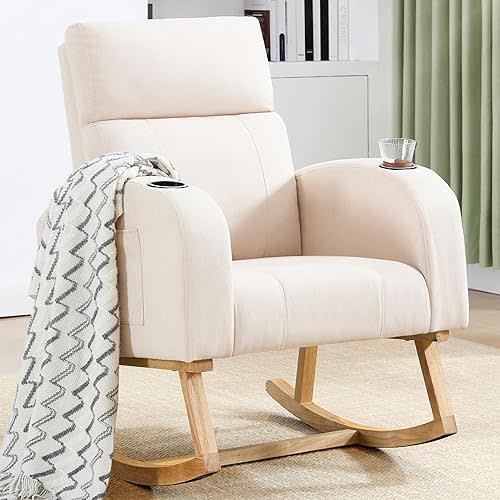 Rocking Chair Nursery, Nursery Rocking Chairs with Cup Holders, Nursing Glider Rocker for Nursery, Living Room, Bedroom, Beige