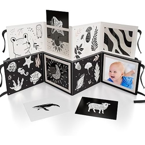 Soft Tummy Time Book w/ Stimulating Baby Safe Mirror - Fun Black and White Montessori Toy w/ Crinkle Filling & 20 High Contrast Designs - Perfect Newborn Toy For Safe and Early Infant Development