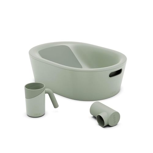 Lalo Bathtime Starter Kit - 3-Piece Set Includes Modern Baby Bathtub, Rinse Cup & Spout Cover - Safe, Easy to Clean Design for Newborns - 25.3 x 18 x 7.7 in, 10 lb - Sage