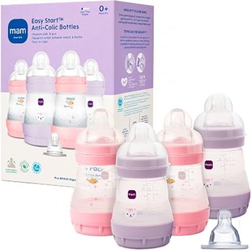 MAM 5oz Easy Start Anti-Colic+ Vented Baby Bottle, 0+ Month, 4 Pack, Girl | Slow Flow Breastfeeding-Like Nipple, Dual Anti-Colic Bottle Reduces Gas & Reflux, Easy Clean, BPA Free, Made In Europe