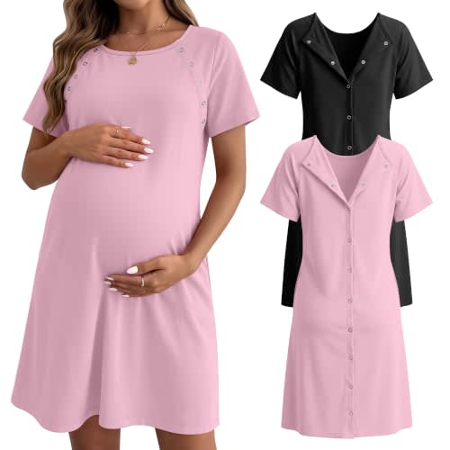 Huukeay 2 Pack Labor and Delivery Gown Maternity Hospital Dress | Women Nursing Birthing Robe, 3 In1 Breastfeeding Postpartum Nightgown Buttons, Short Sleeve Pjs, Pregnancy Outfit for Mom