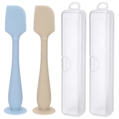 2 Pack Diaper Cream Spatula with Hygienic Travel Case, Butt Spatula Baby with Suction Base, Baby Butt Paste Spatula, Soft Silicone Diaper Rash Cream Applicator Large Size (Blue & Offwhite)