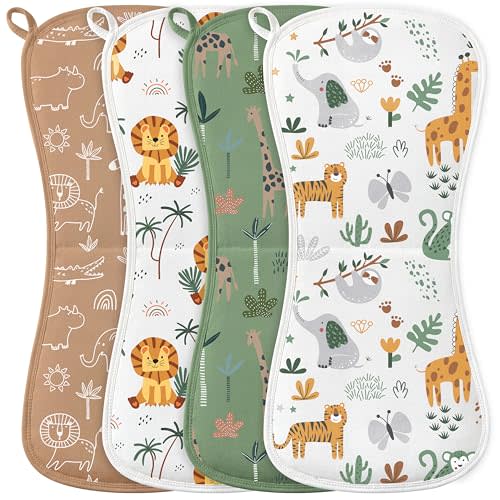 Burp Cloths Baby Boy, Large 21'' X 10'' Cotton Burping Cloths for Babies, Ultra Soft and Absorbent Burp Rags, 4 Pack Set Washcloths Newborn Spit Up Rags Green Animal