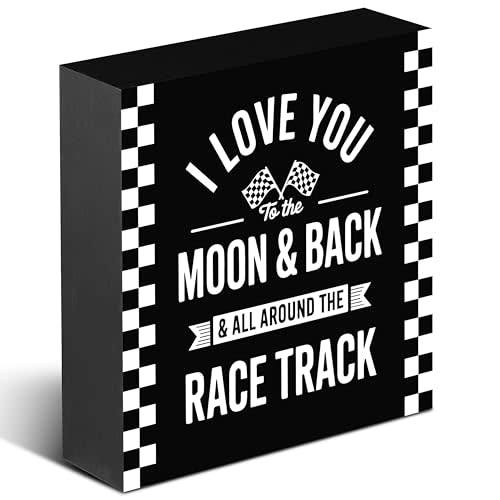 Racing Love Wooden Box Décor Sign 5x5 in(016) | Black Checkered Shelf Decor, Race Track Quote Sign, Racing Gift for Couples, I Love You to the Moon and Back