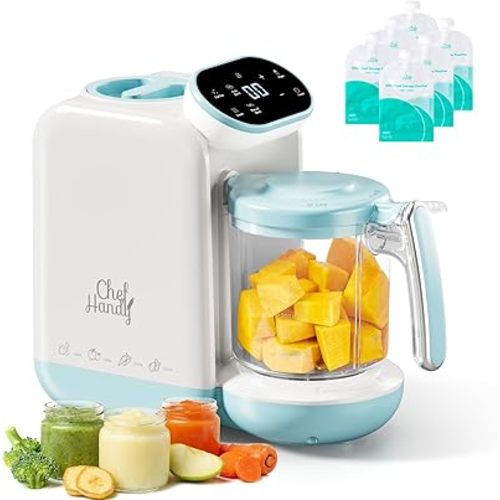 Chefhandy Baby Food Maker, 5-in-1 Baby Food Steamer & Blender with Auto and Manual Blending, Puree Maker, Bottle Warmer & Sterili-zer, BPA-Free, with 6 Food Pouches (White Blue)